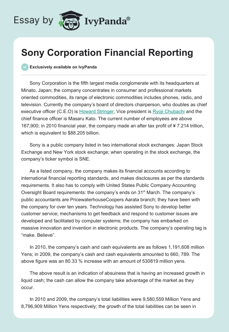 Sony Corporation Financial Reporting. Page 1