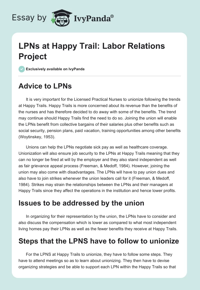 LPNs at Happy Trail: Labor Relations Project. Page 1