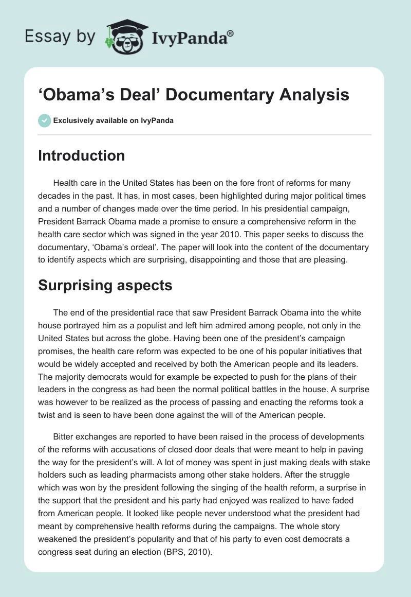 ‘Obama’s Deal’ Documentary Analysis. Page 1
