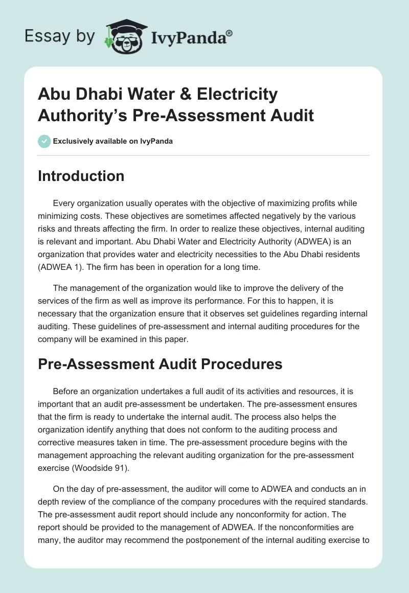 Abu Dhabi Water & Electricity Authority’s Pre-Assessment Audit. Page 1