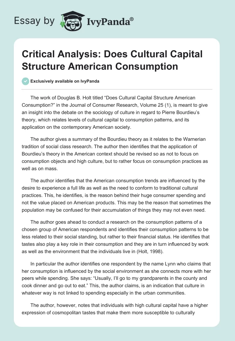 Critical Analysis: Does Cultural Capital Structure American Consumption. Page 1