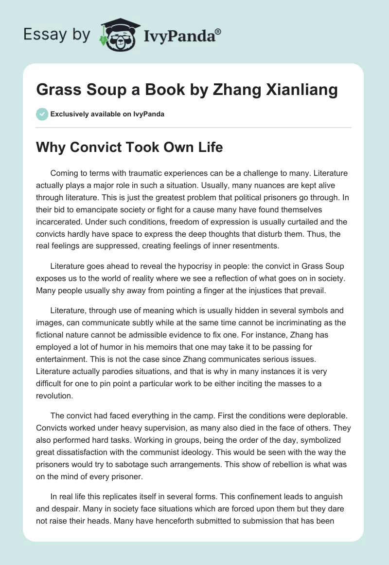 "Grass Soup" a Book by Zhang Xianliang. Page 1