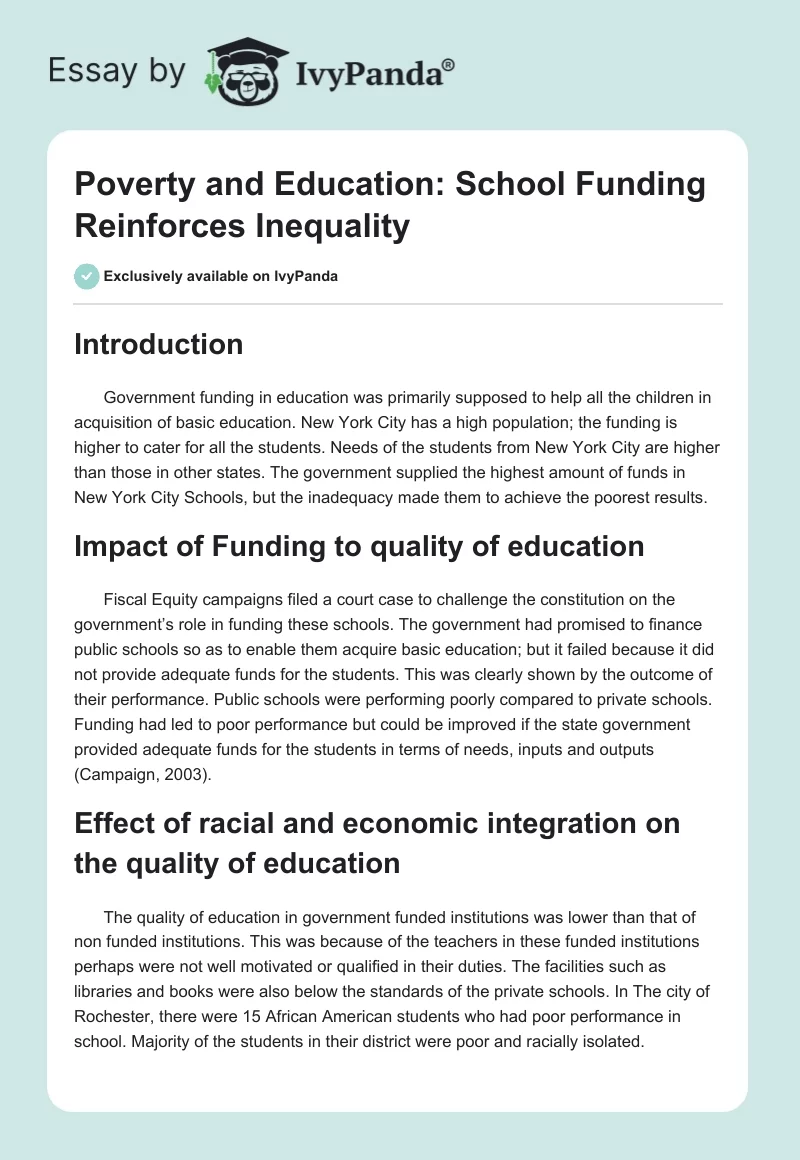 Poverty and Education: School Funding Reinforces Inequality. Page 1