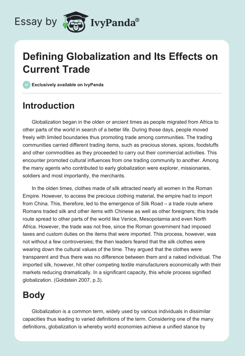 Defining Globalization and Its Effects on Current Trade. Page 1