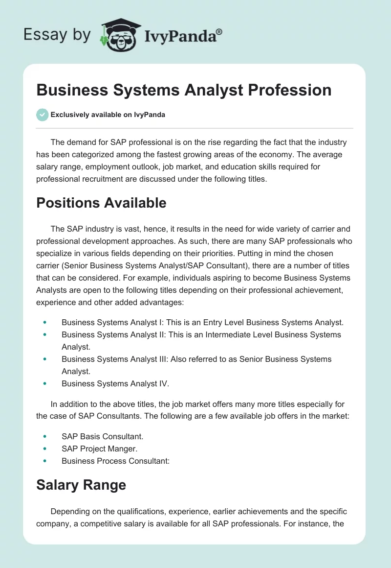 Business Systems Analyst Profession. Page 1
