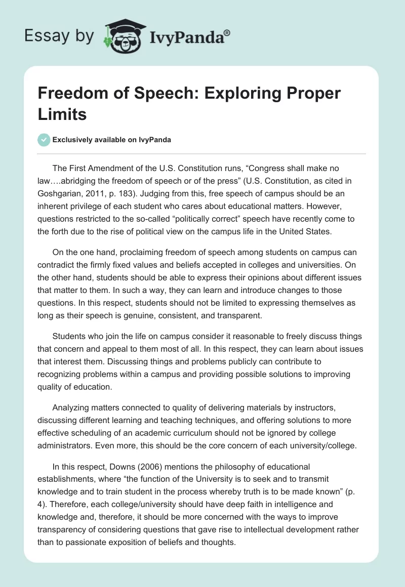Freedom of Speech: Exploring Proper Limits. Page 1