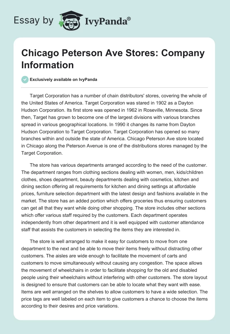 Chicago Peterson Ave Stores: Company Information. Page 1