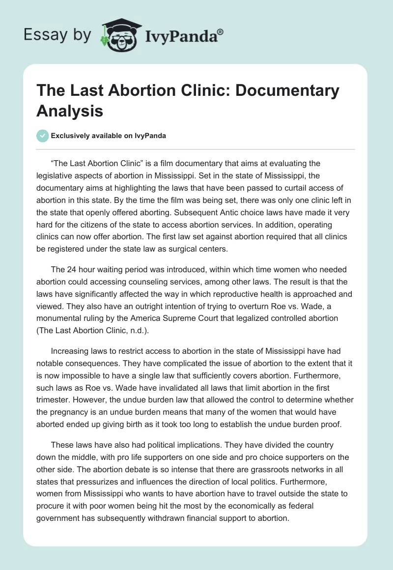"The Last Abortion Clinic": Documentary Analysis. Page 1