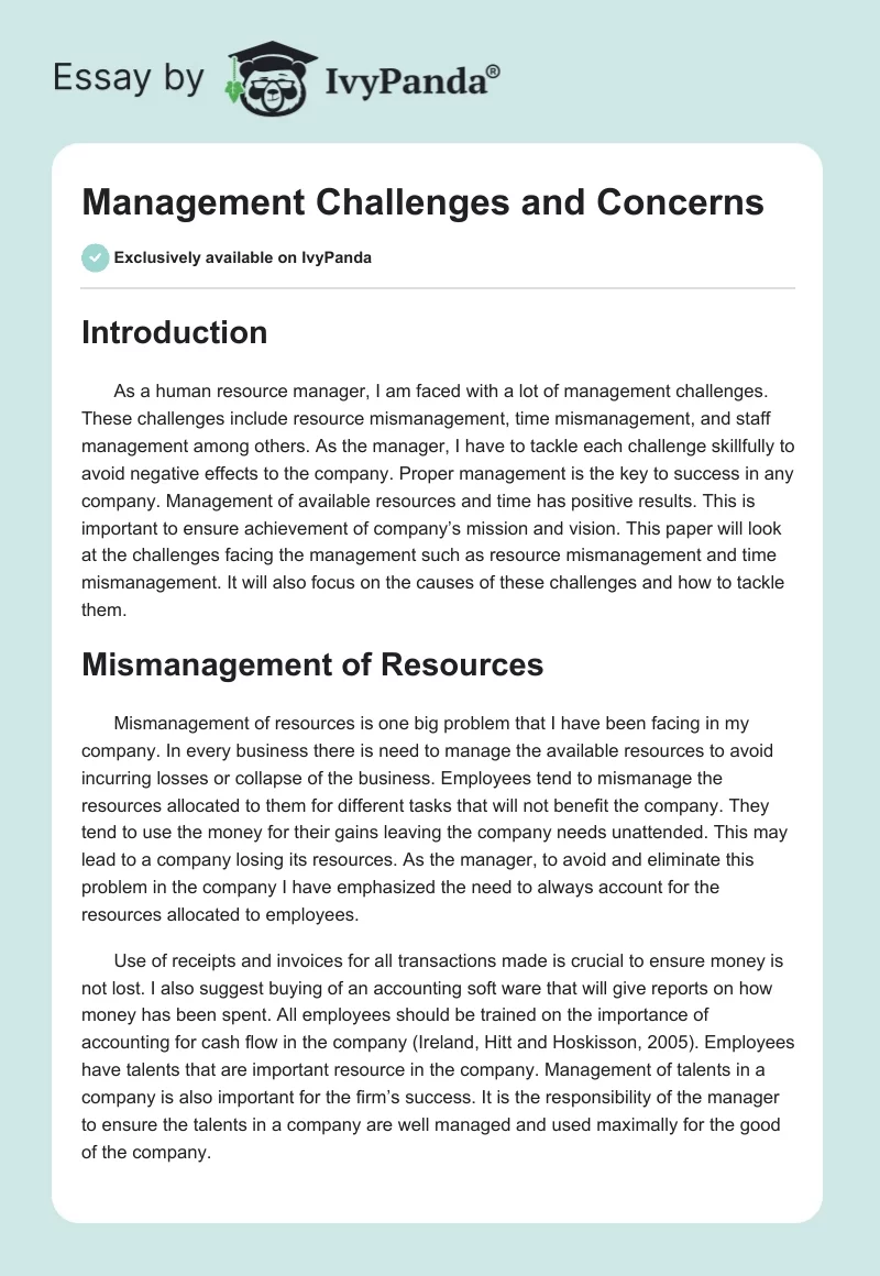 Management Challenges and Concerns. Page 1