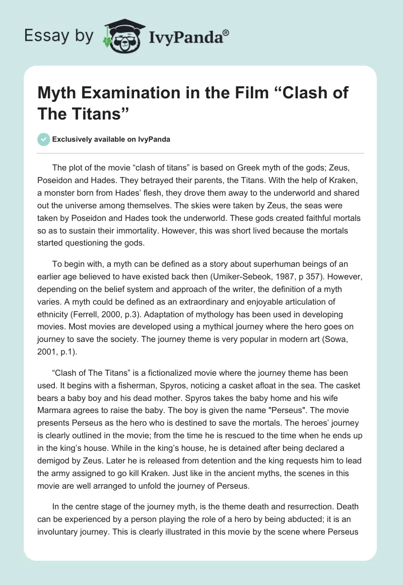 Myth Examination in the Film “Clash of The Titans”. Page 1