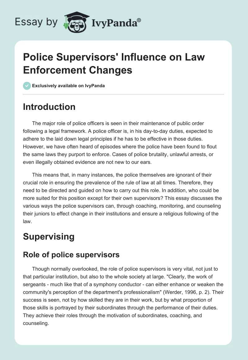Police Supervisors' Influence on Law Enforcement Changes. Page 1