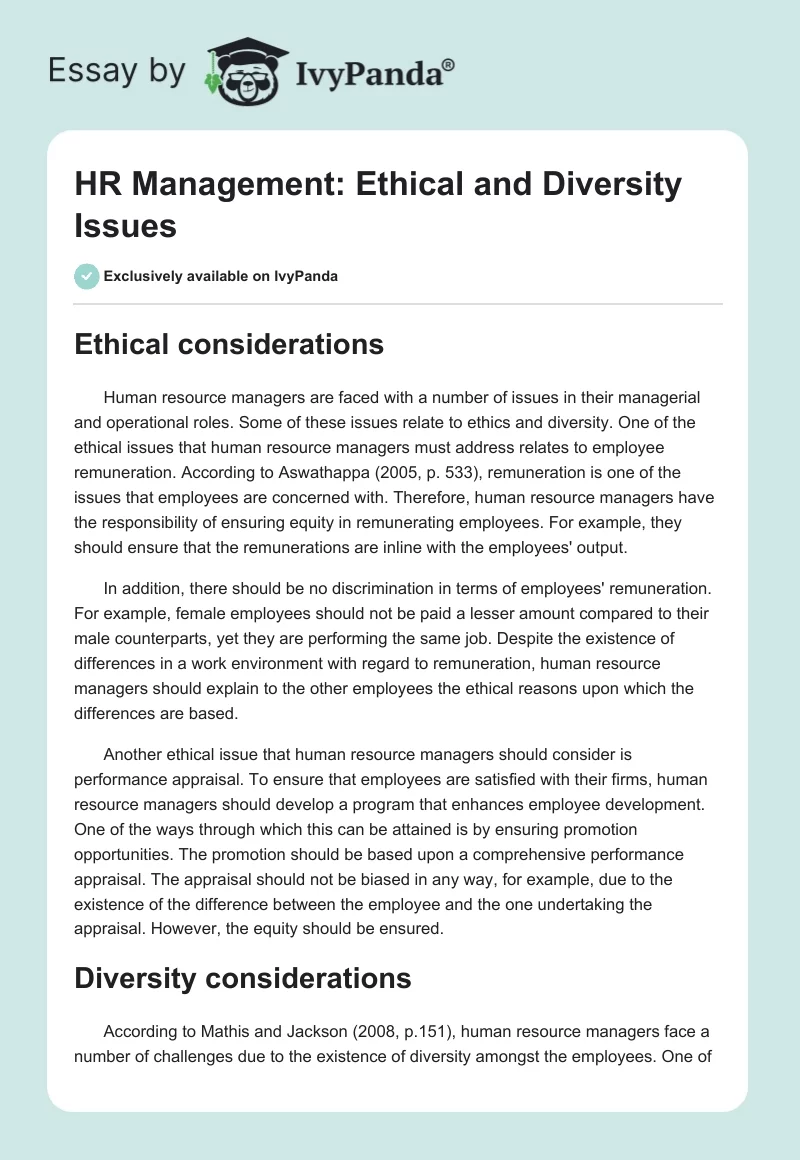 HR Management: Ethical and Diversity Issues. Page 1