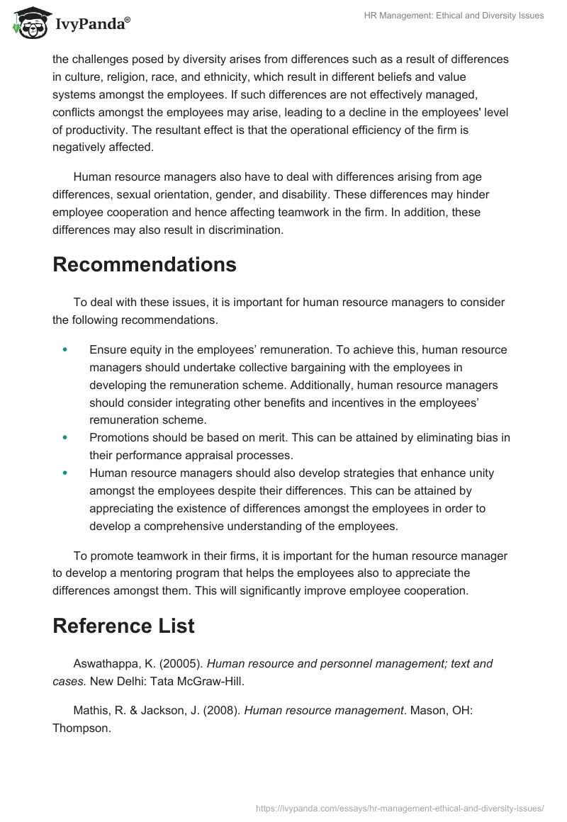 HR Management: Ethical and Diversity Issues. Page 2