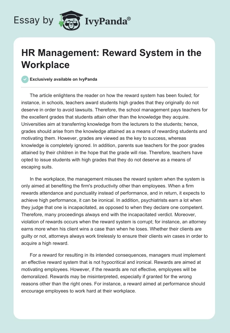 HR Management: Reward System in the Workplace. Page 1