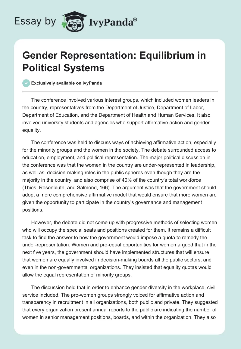 Gender Representation: Equilibrium in Political Systems. Page 1