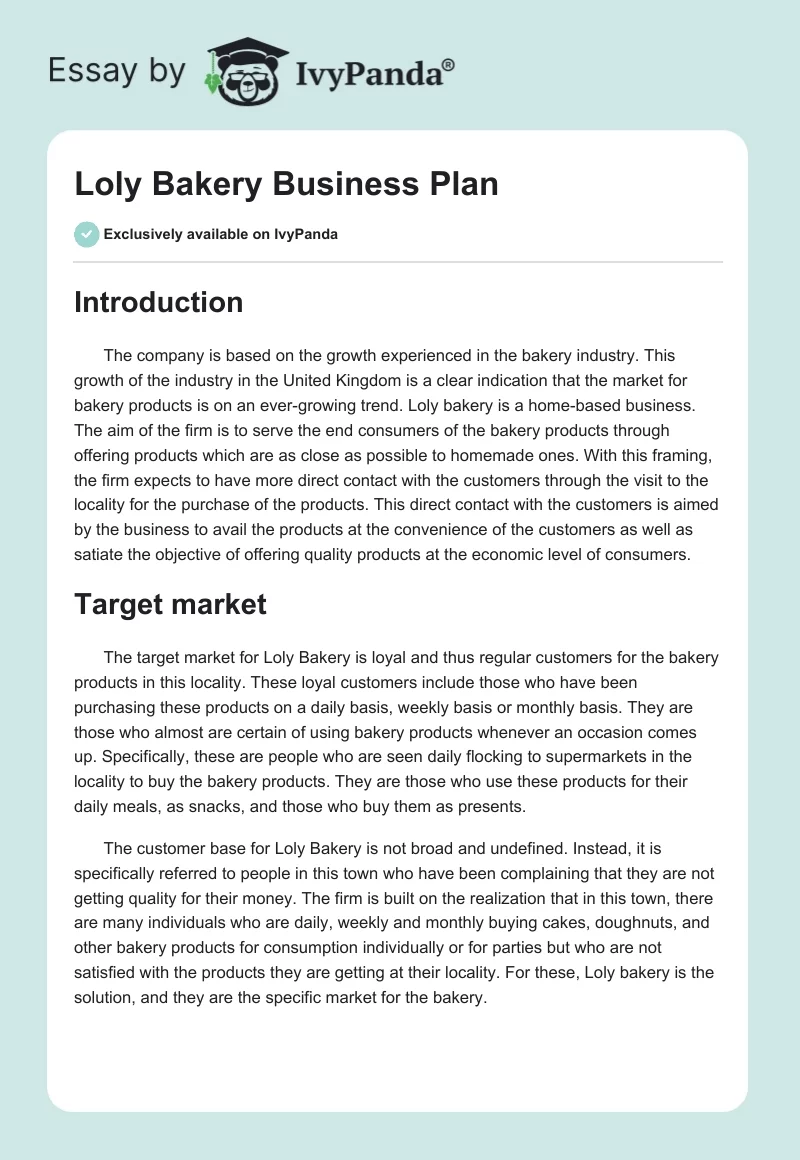Loly Bakery Business Plan. Page 1