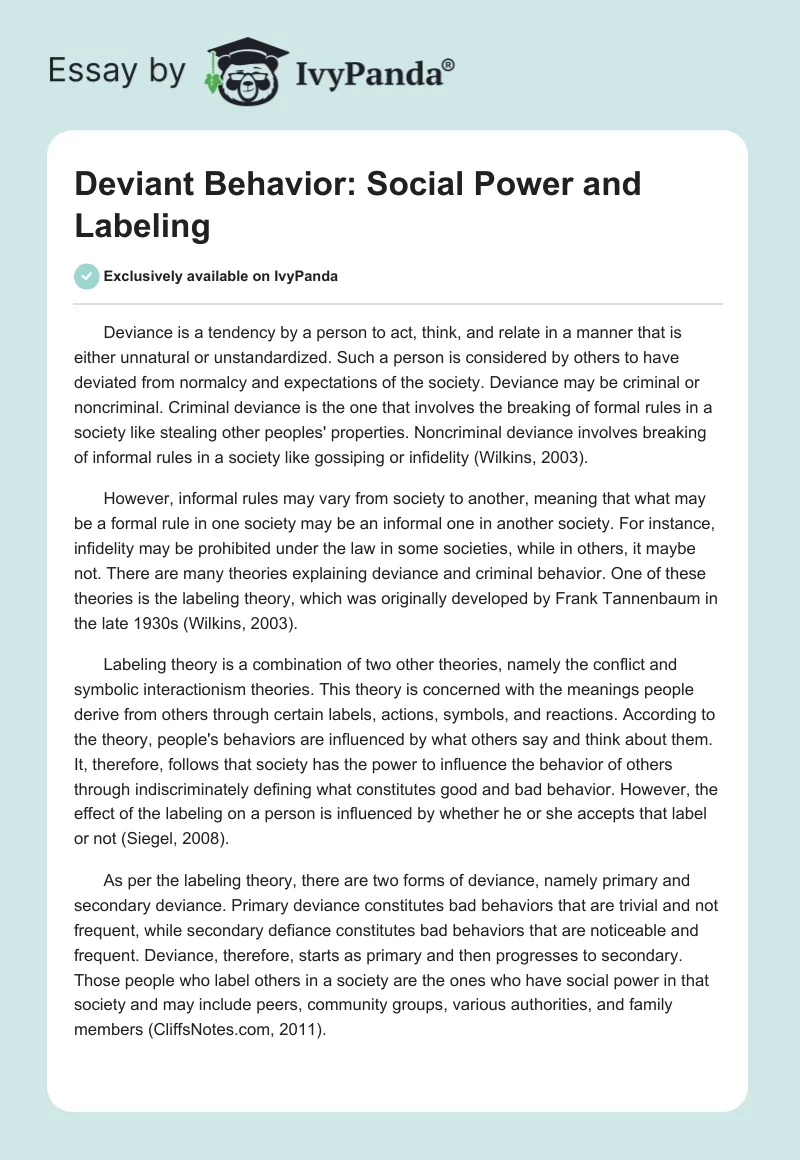 Deviant Behavior: Social Power and Labeling. Page 1