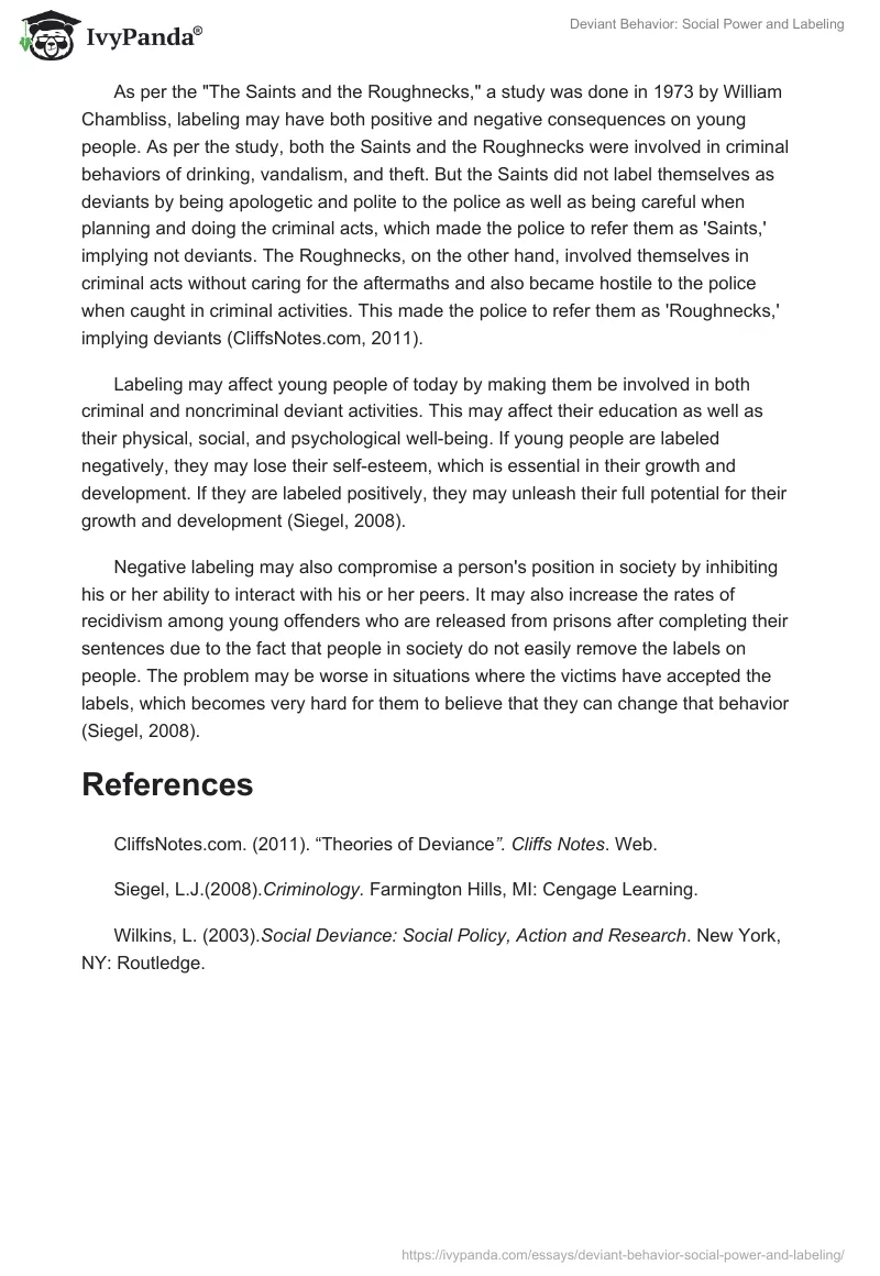 Deviant Behavior: Social Power and Labeling. Page 2