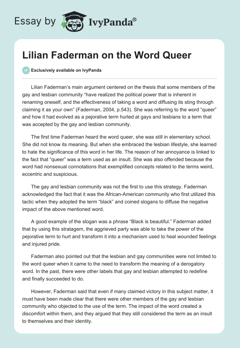 Lilian Faderman on the Word "Queer". Page 1