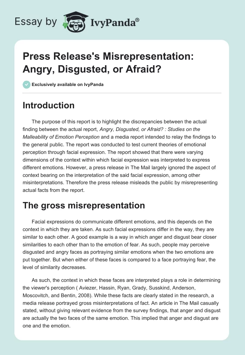 Press Release's Misrepresentation: Angry, Disgusted, or Afraid?. Page 1