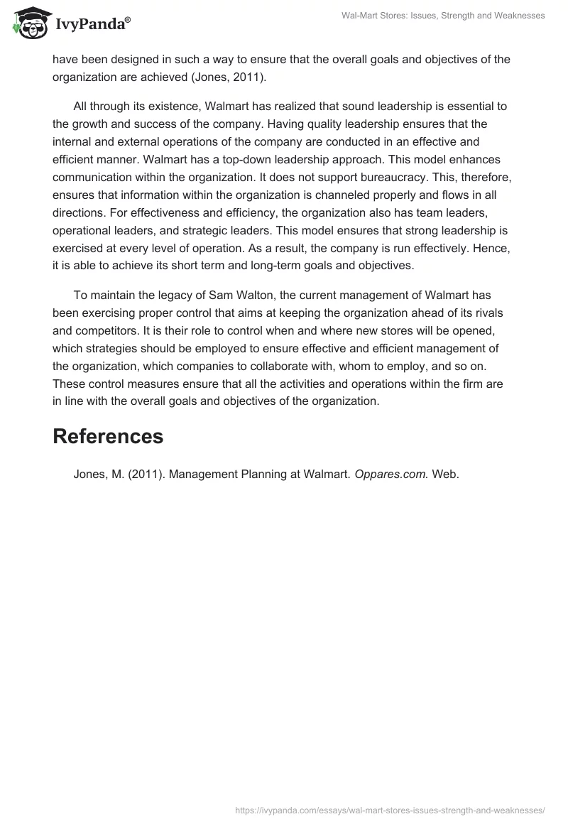 Wal-Mart Stores: Issues, Strength and Weaknesses. Page 2