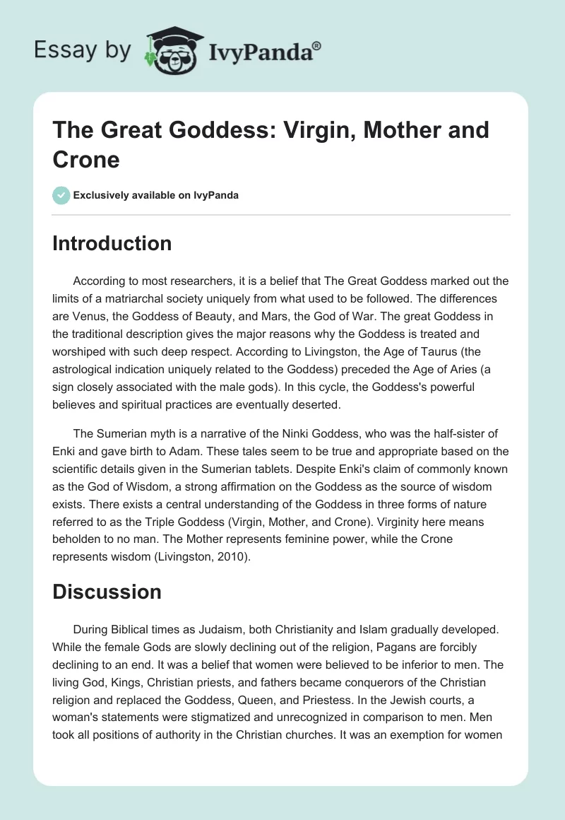 The Great Goddess: Virgin, Mother and Crone. Page 1