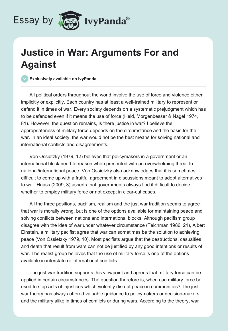 Justice in War: Arguments For and Against. Page 1