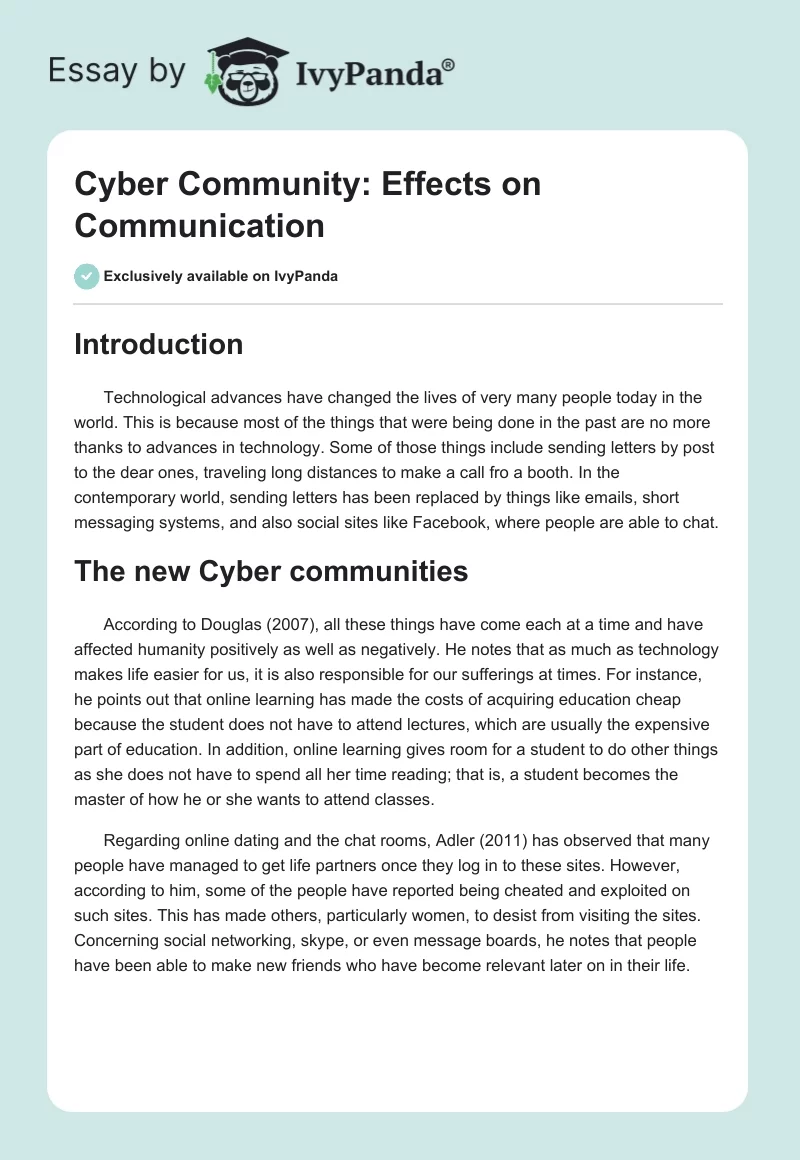 Cyber Community: Effects on Communication. Page 1