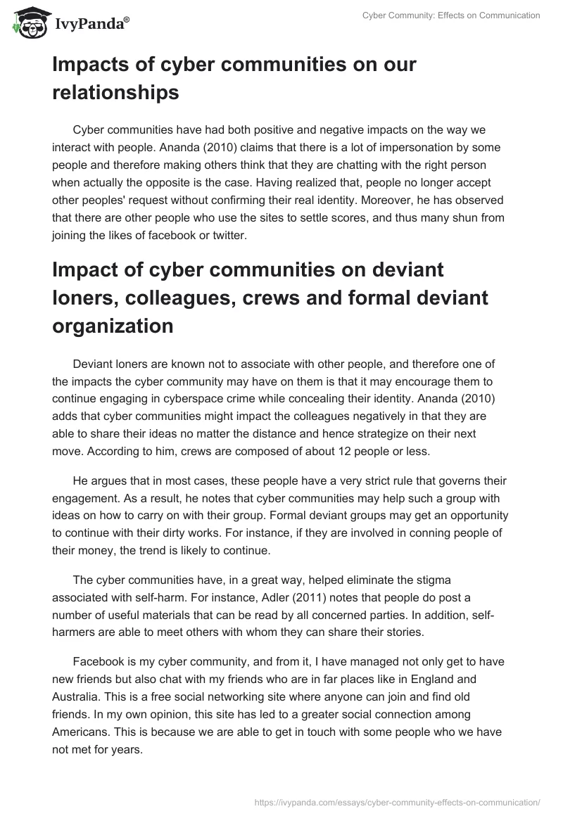 Cyber Community: Effects on Communication. Page 2