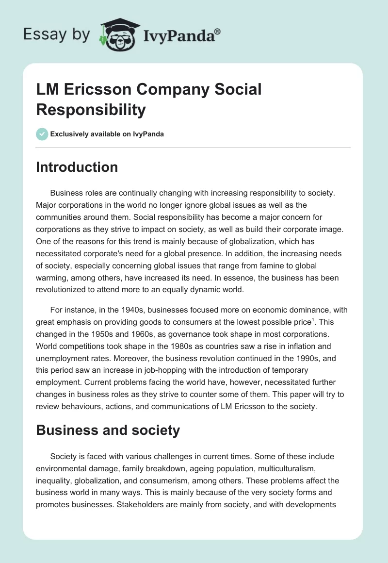 LM Ericsson Company Social Responsibility. Page 1