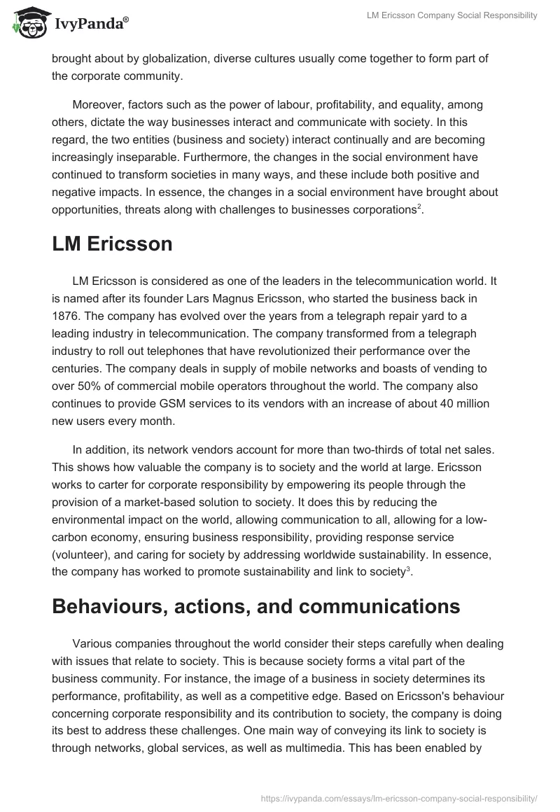 LM Ericsson Company Social Responsibility. Page 2