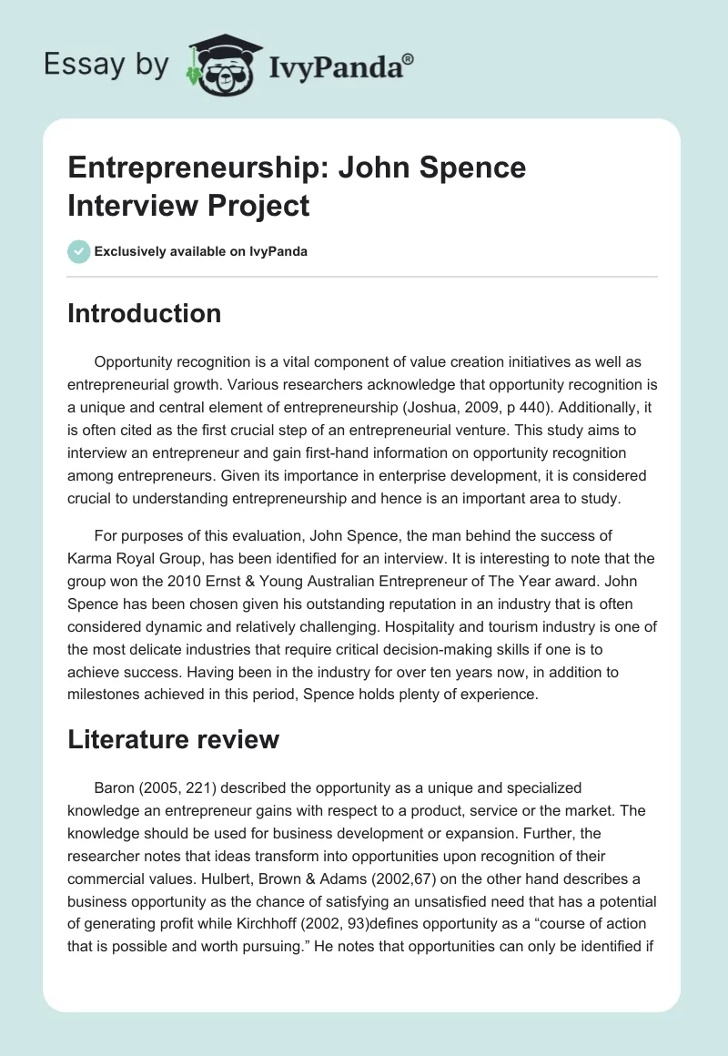 Entrepreneurship: John Spence Interview Project. Page 1