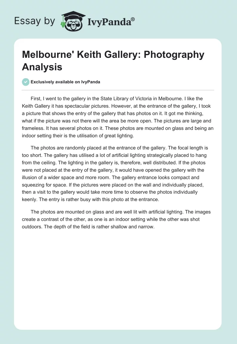 Melbourne' Keith Gallery: Photography Analysis. Page 1