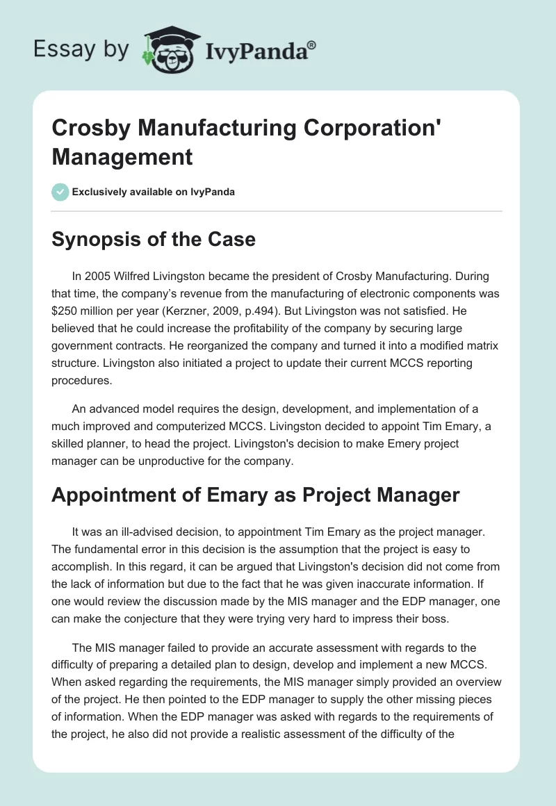 Crosby Manufacturing Corporation' Management. Page 1