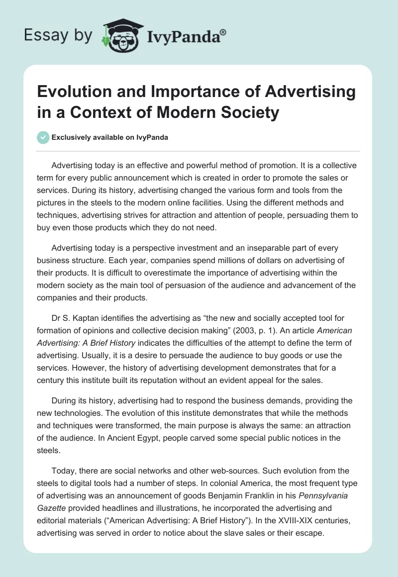 Evolution and Importance of Advertising in a Context of Modern Society. Page 1