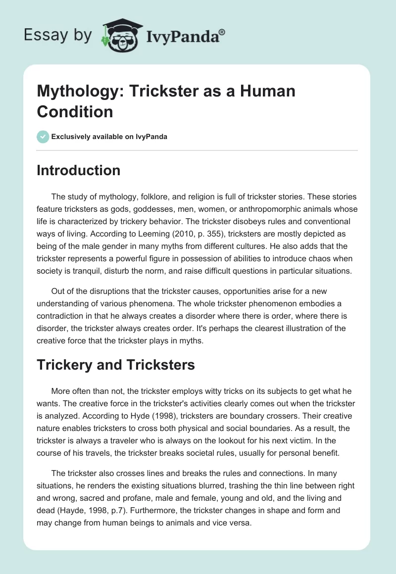 Mythology: Trickster as a Human Condition. Page 1