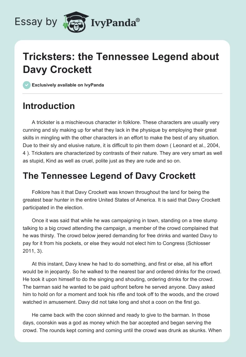 Tricksters: the Tennessee Legend about Davy Crockett. Page 1