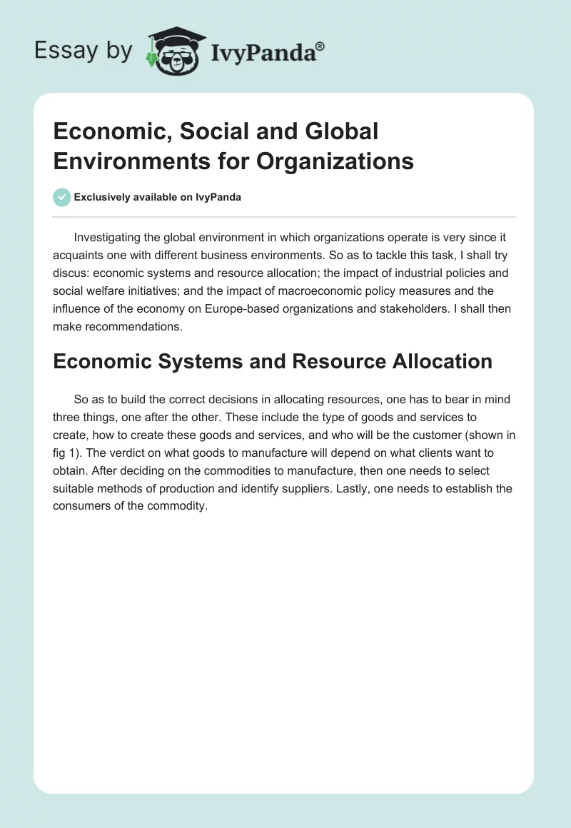 Economic, Social and Global Environments for Organizations. Page 1