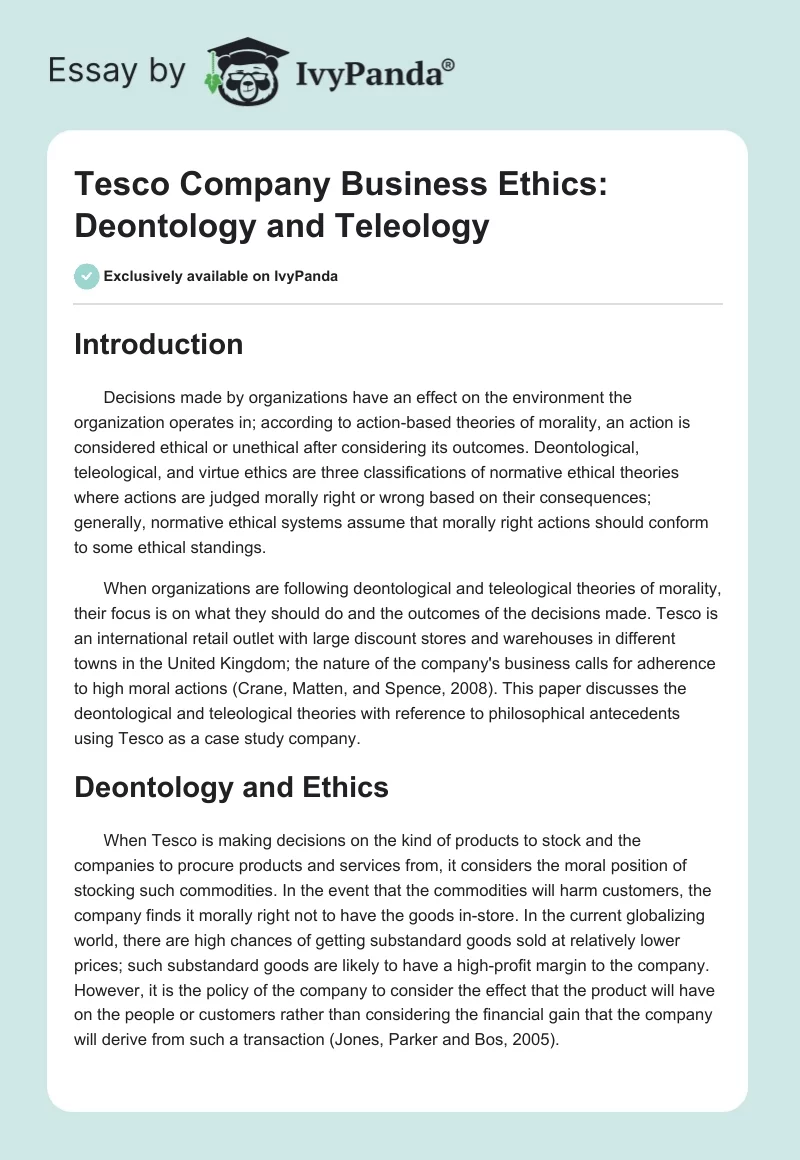 Tesco Company Business Ethics: Deontology and Teleology. Page 1