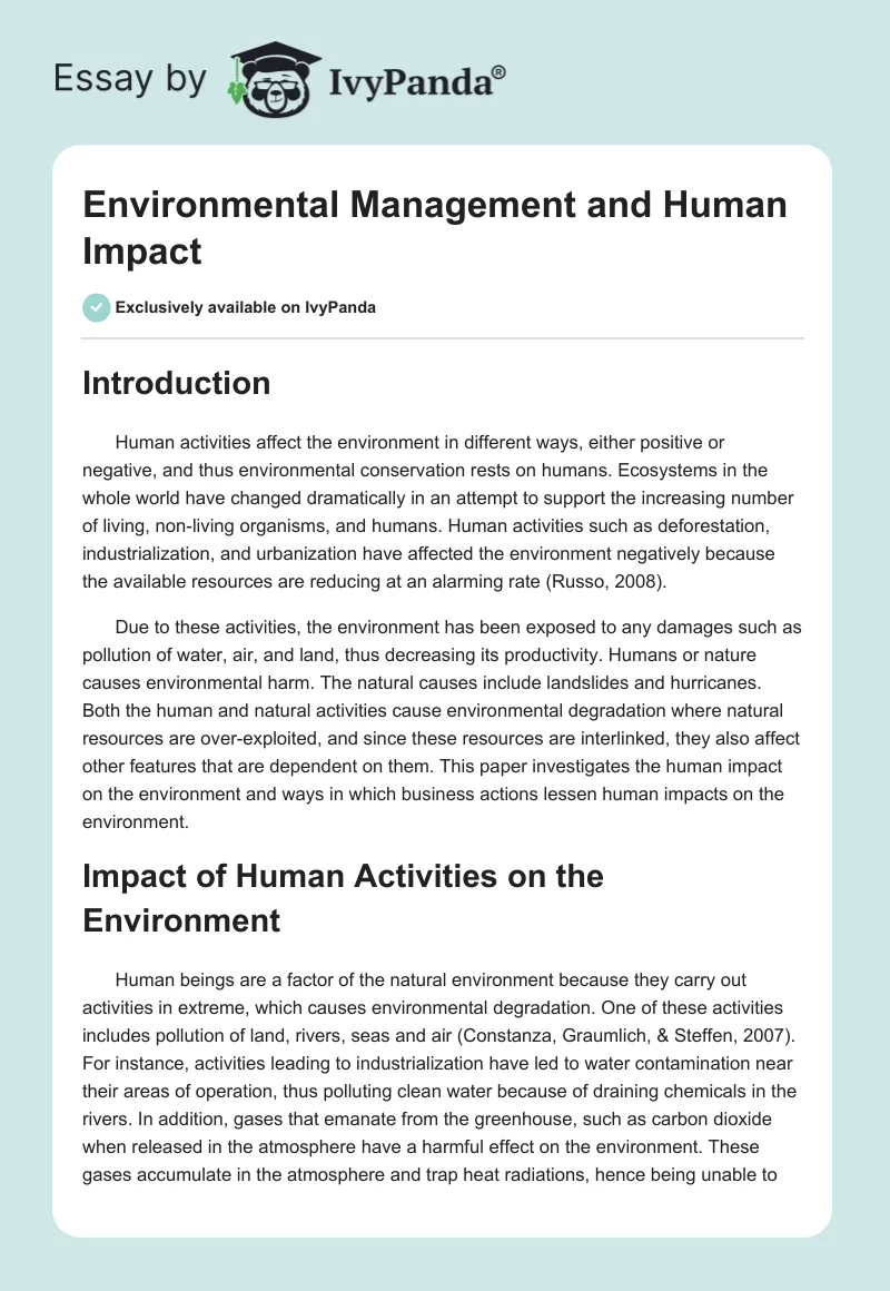 Environmental Management and Human Impact. Page 1