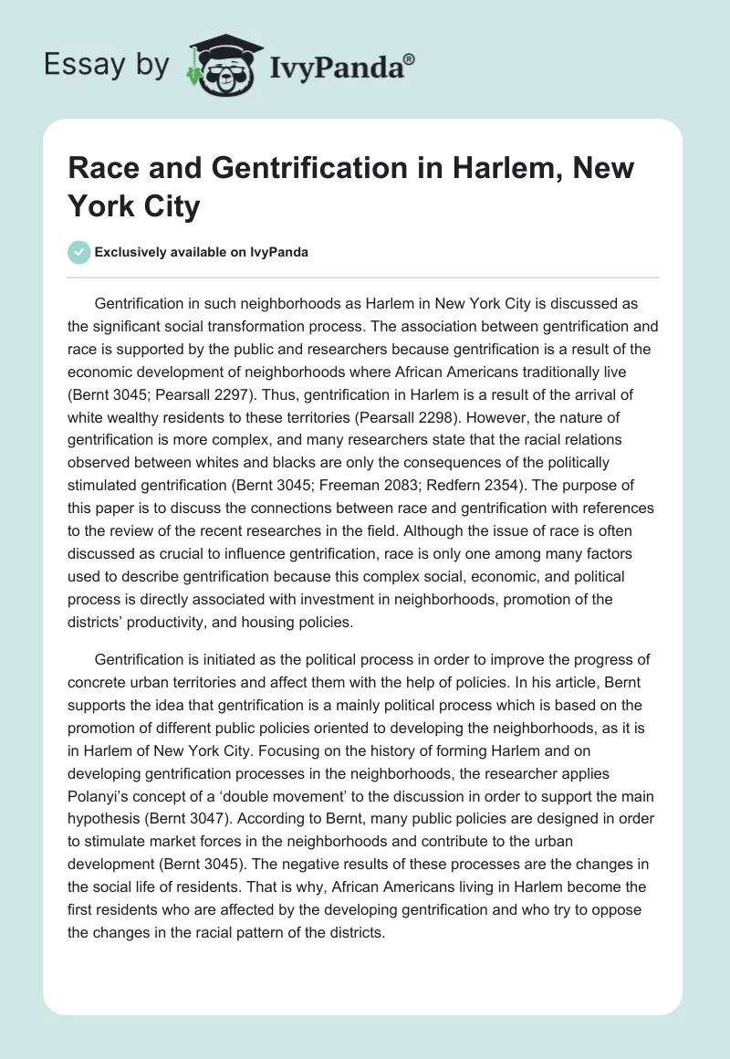 Race and Gentrification in Harlem, New York City. Page 1