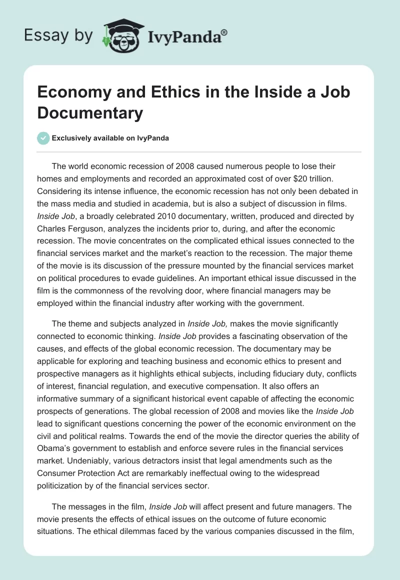 Economy and Ethics in the Inside a Job Documentary. Page 1