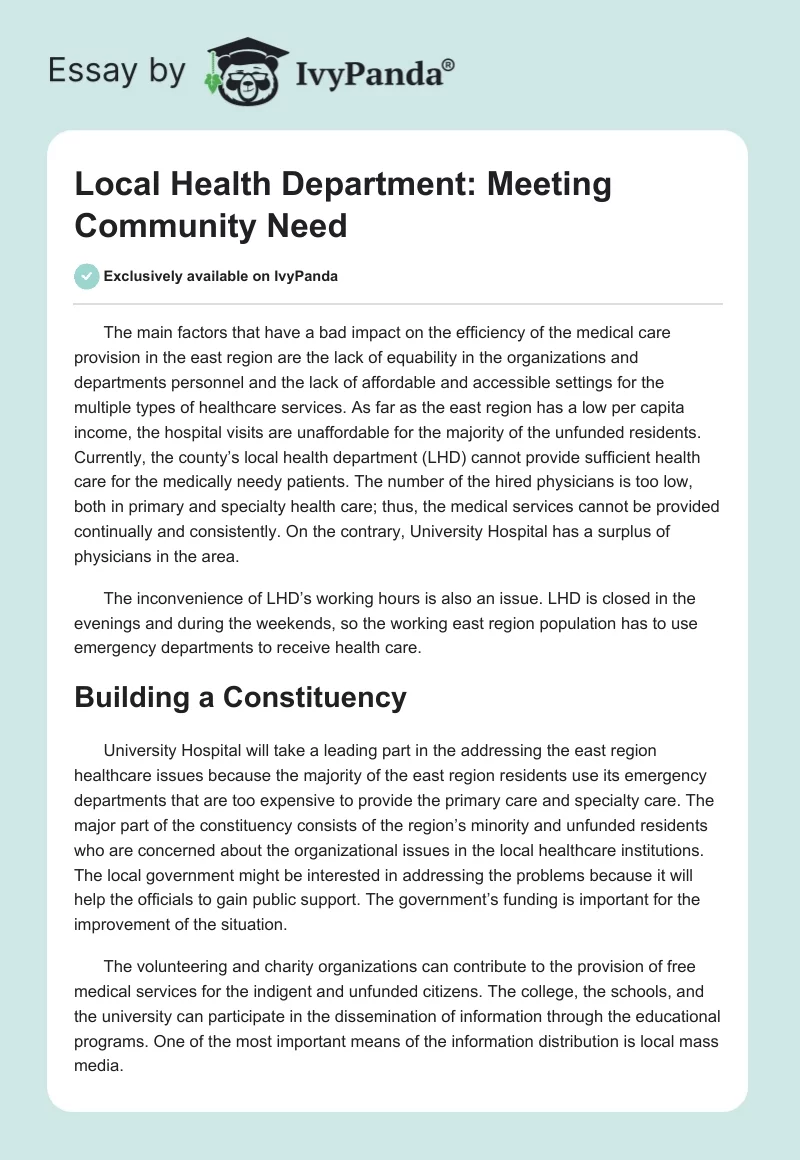 Local Health Department: Meeting Community Need. Page 1