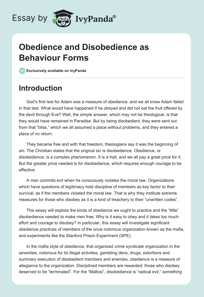 Obedience and Disobedience as Behaviour Forms. Page 1