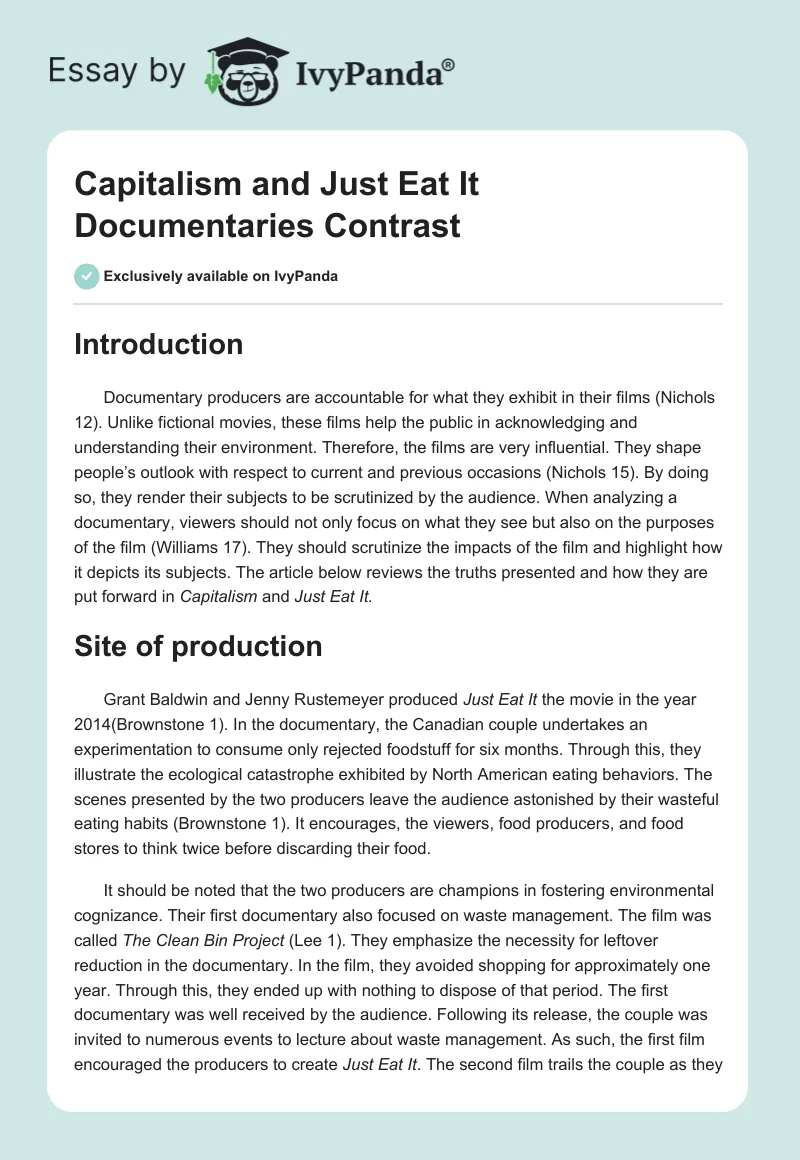 Capitalism and Just Eat It Documentaries Contrast. Page 1