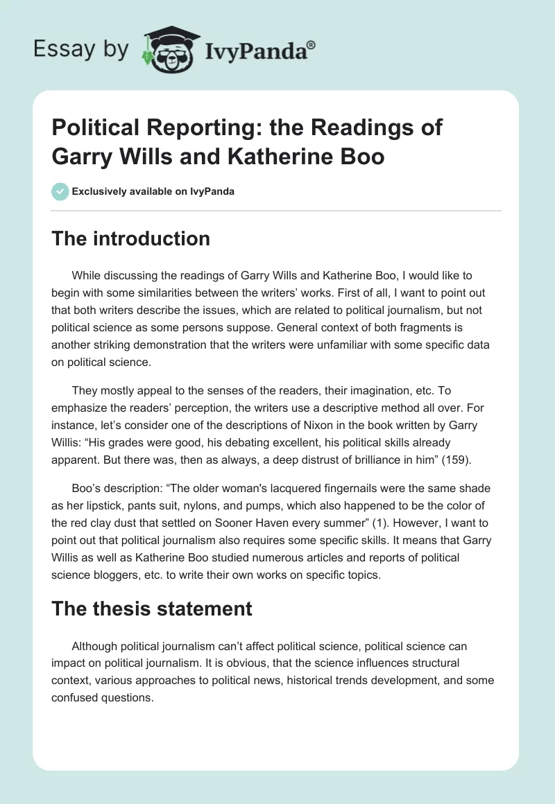 Political Reporting: the Readings of Garry Wills and Katherine Boo. Page 1