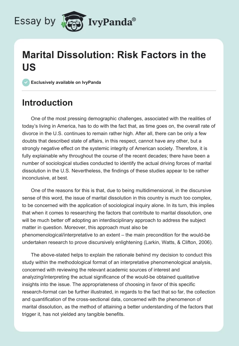 Marital Dissolution: Risk Factors in the US. Page 1