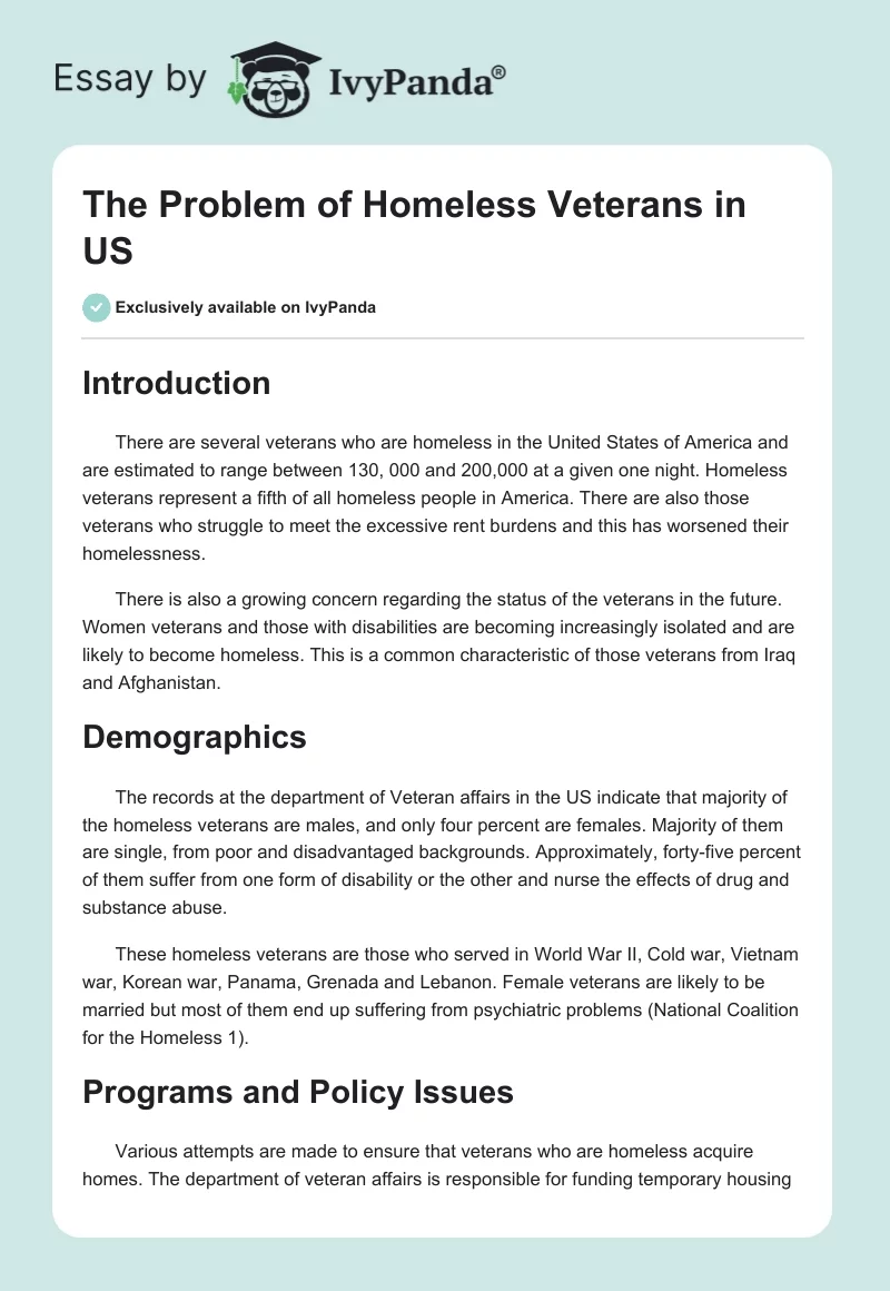 The Problem of Homeless Veterans in US. Page 1