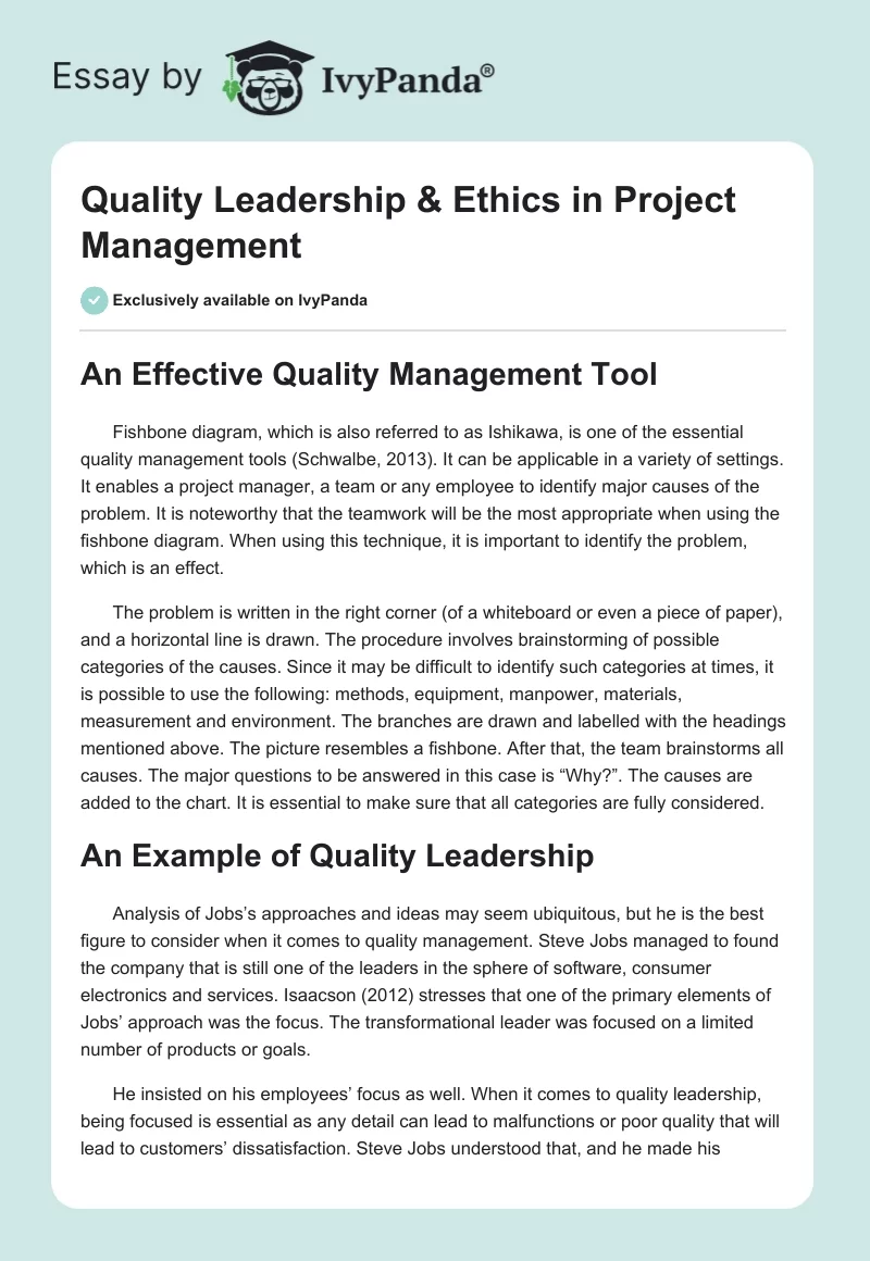 Quality Leadership & Ethics in Project Management. Page 1
