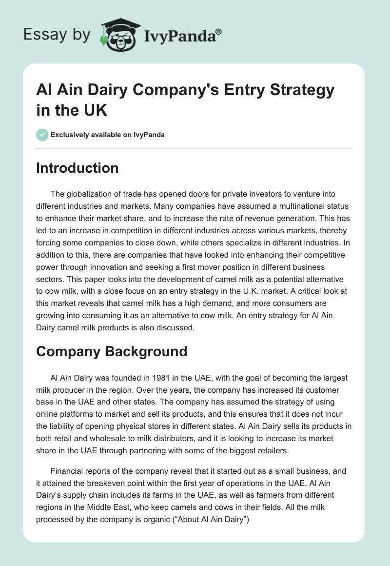 Al Ain Dairy Company's Entry Strategy in the UK. Page 1